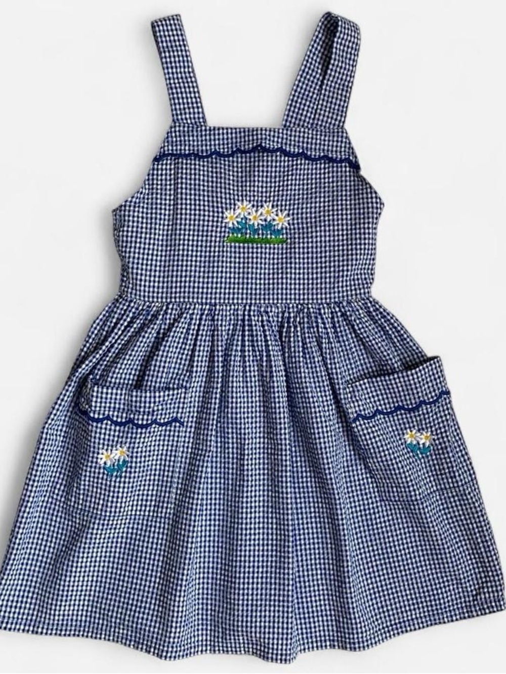 Vintage girls blue gingham plaid cotton floral sundress